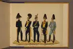 Plansch i färgtryck med uniform för Skånska dragonregementet för åren 1816-1899. Ingår i planschsamlingen Svenska arméns och flottans officersmunderingar utgiven av P.B Eklund.