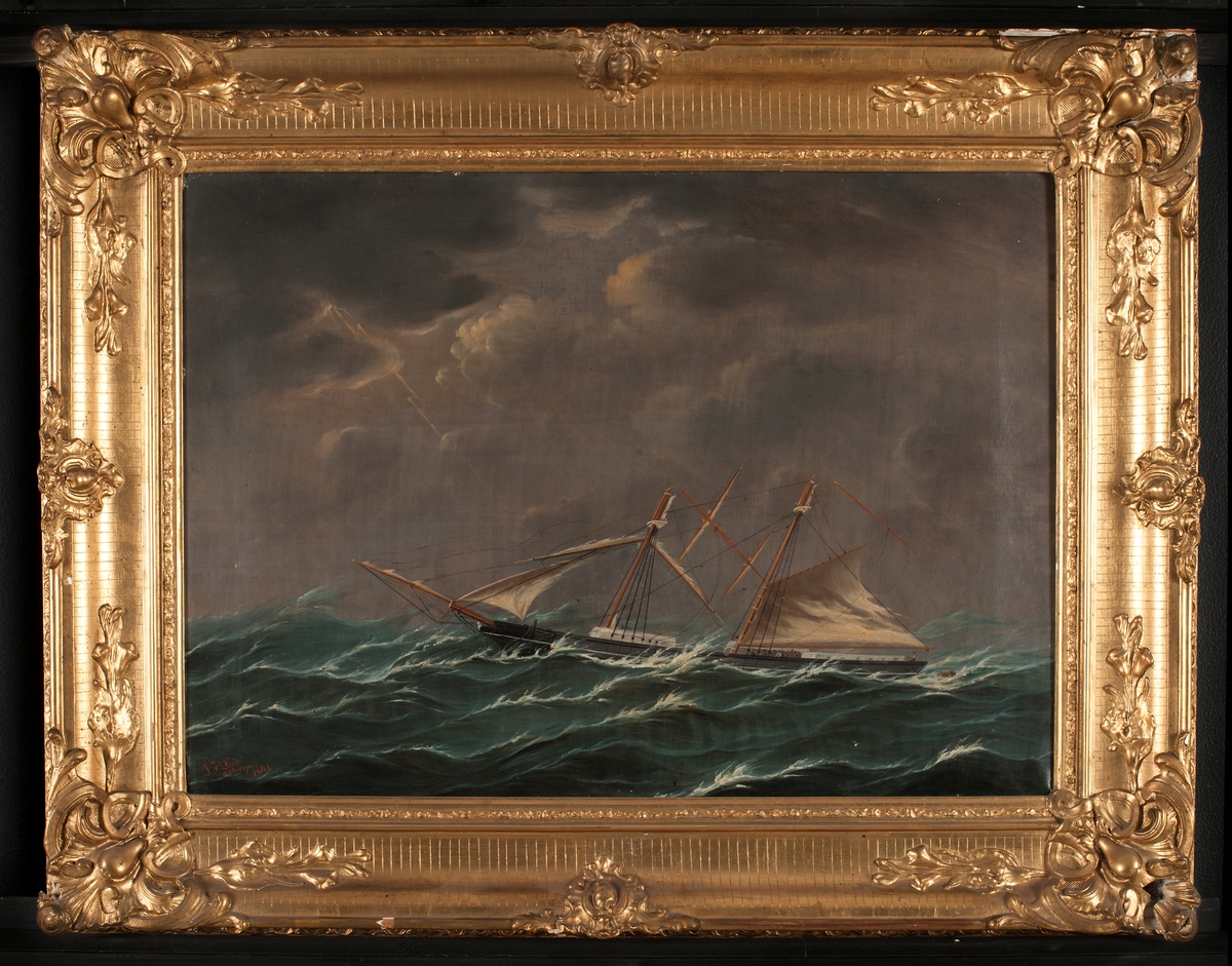 Briggen "Eric Andreas" med rigghaveri under storm. Masterna brutna. Ternström, Robert, befälhavare, Sverige Karlshamn