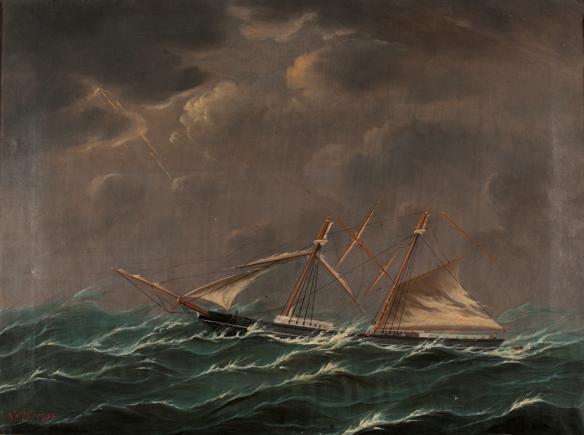 Briggen "Eric Andreas" med rigghaveri under storm. Masterna brutna. Ternström, Robert, befälhavare, Sverige Karlshamn
