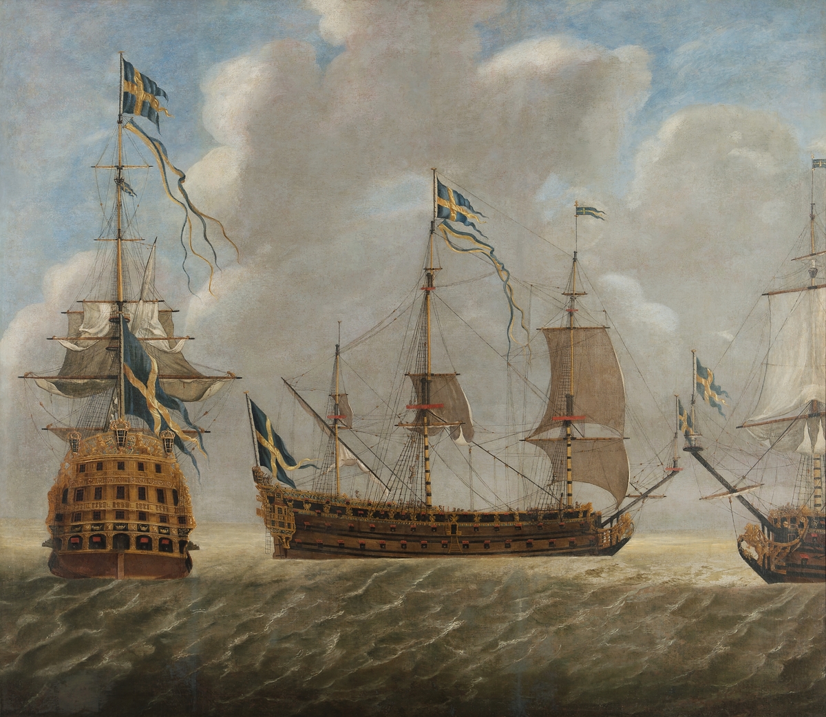 Tavla med målning av 108-kanonskeppet Kung -Carl, byggt å Karlskrona örlogsvarv år 1694 av Charles Sheldon.  Den visar fartyget, sett från tre håll.
Tavlan är osignerad.

Ramens bredd är 80 mm. Övriga dimensioner avser tavlan.