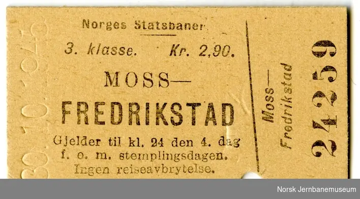 Billett Moss-Fredrikstad, 3. kl.