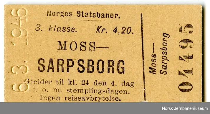 Billett Moss-Sarpsborg, 3. kl.