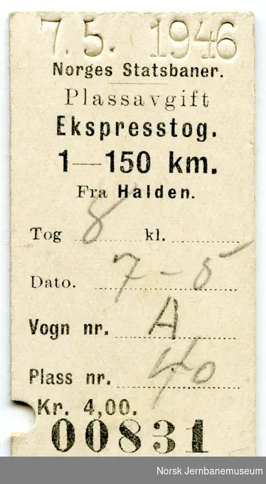 Plassavgift Ekspresstog 1-150 km, fra Halden, tog 8, vogn A, plass 40