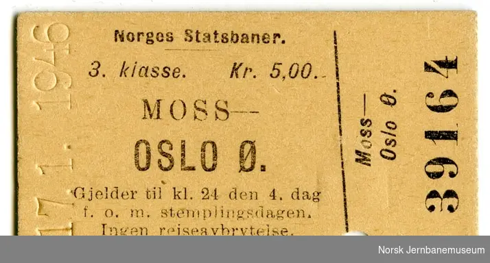 Billett Moss-Oslo Ø, 3. kl.