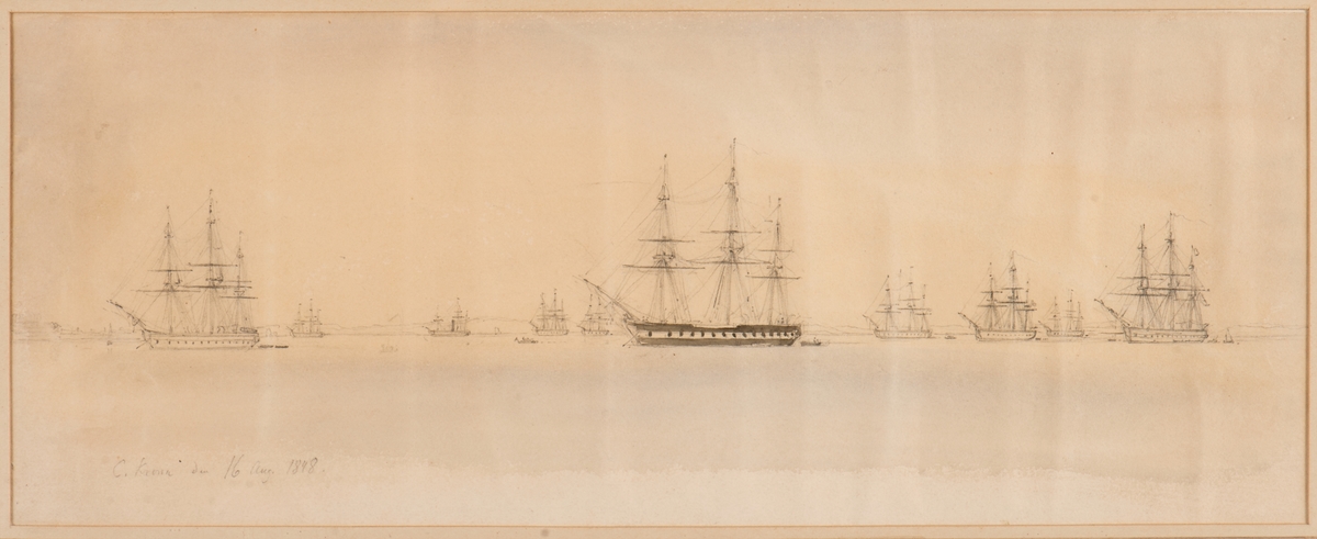Akvarell avbildande Svensk-Norska eskadern, som under konteramiral Gyllengranats befäl opererat i de danska fartvattnen under juni och juni månader 1848. Den återkom till Karlskrona 11 augusti 1848 och kvarlåg på Kronoredden månaden ut.
Eskadern bestod av: fregatten Desirée (flaggskepp), Göteborg, Eugenie och Josefine, ångkorvetten Thor (torde den 16/8 ej ha varit i Karlskrona). På bilden synes däremot Gefle (på provtursexpedition i Karlskrona). Vidare återfinns korvetterna Jarramas ovh Najaden, briggen Nordenskjöld, skonerterna Aktiv och Falk samt divisionskanonslupar. Från norska marinen: fregatten Freja och korvetten Nordstjernan.