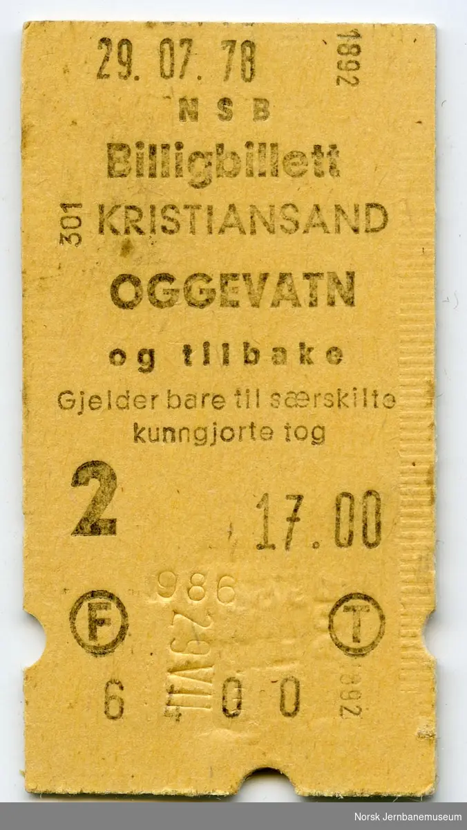 Billigbillett Kristiansand-Oggevatn og tilbake, maskinbillett