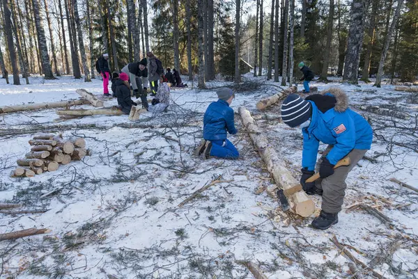 Bildet viser to gutter som fjerner bark og kvister med øks på en stokk på bakken.