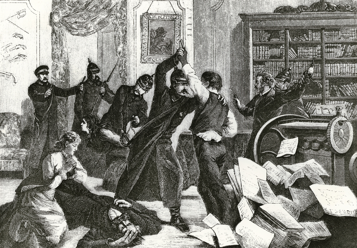 Upptäckten af Nihilisttidningen "Folkviljans" tryckeri i S:t Petersburg natten mellan den 29 och 30 jan. 1880.