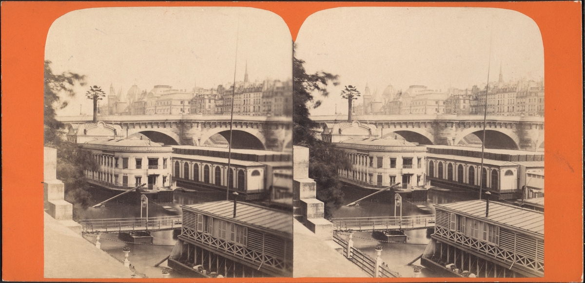 Stereobild av husbåtar på flod. Möjligen Paris.