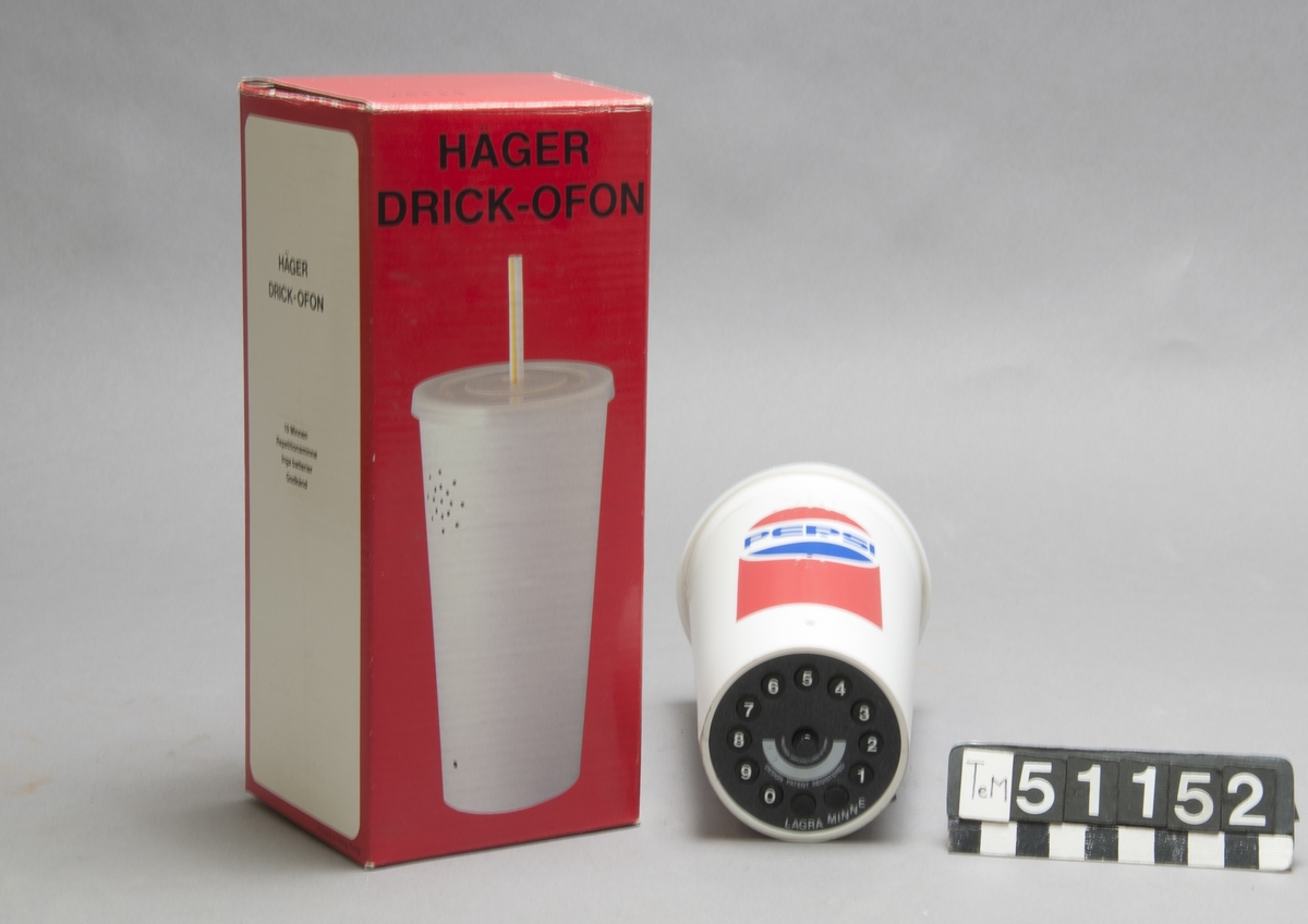 Telefonapparat, Pepsi-Cola-mugg, med 10 minnen, repetition och pulsval, i originalkartong.