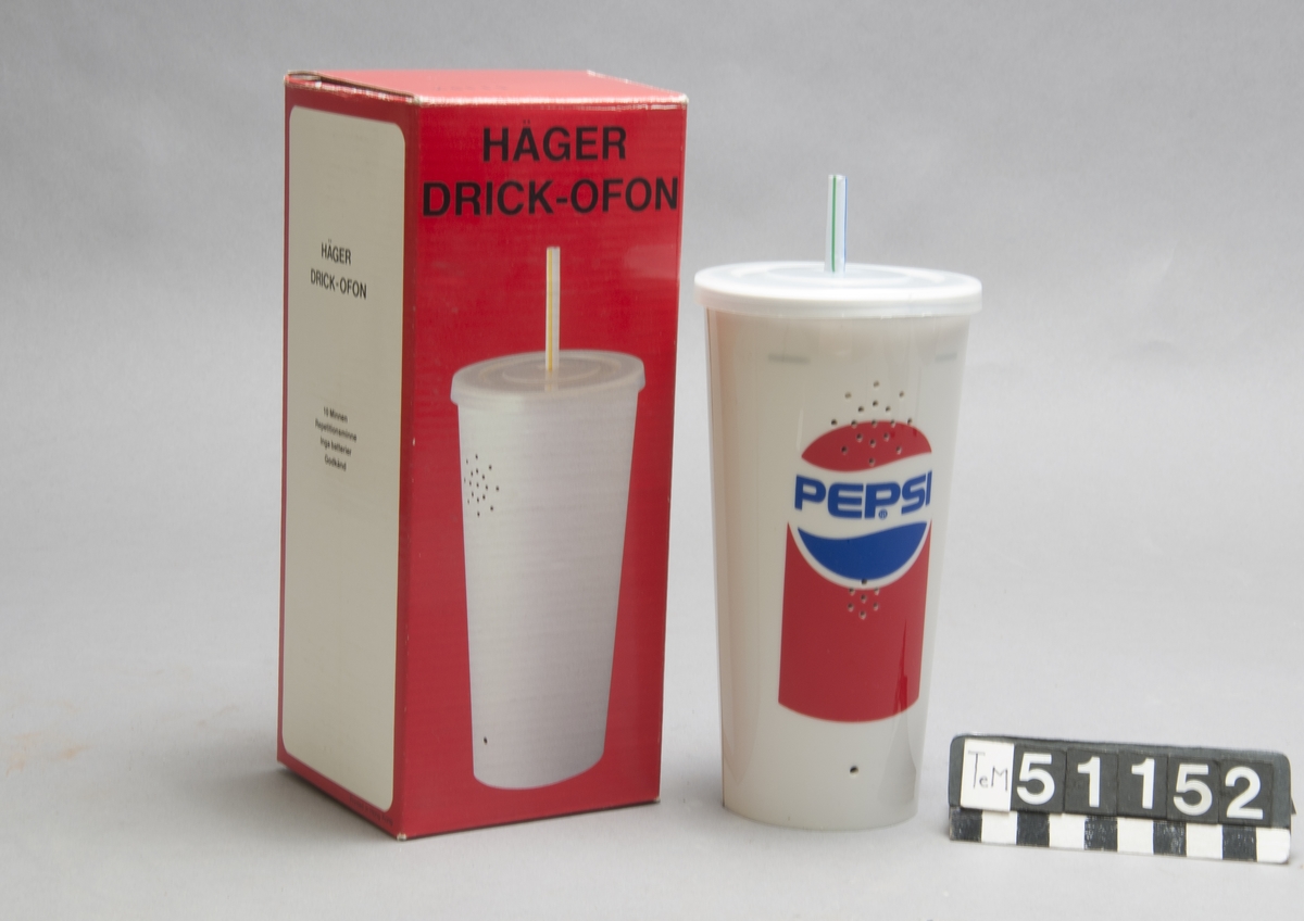Telefonapparat, Pepsi-Cola-mugg, med 10 minnen, repetition och pulsval, i originalkartong.