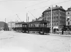 Slussen i Stockholm. Spårvagn vid Kornhamstorg i Gamla Stan.