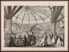 Monterat uppslag ur Ny Illustrerad Tidning 1866. Interiör från Expositions-palatset, Industrihallen i Kungsträdgården. Originalteckningen är utförd av O. A. Mankell med figurer av Gustave Janet.