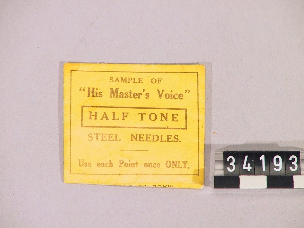 Grammofonstift. "Half Tone Steel Needles". I originalförpackning från His Master's Voice.