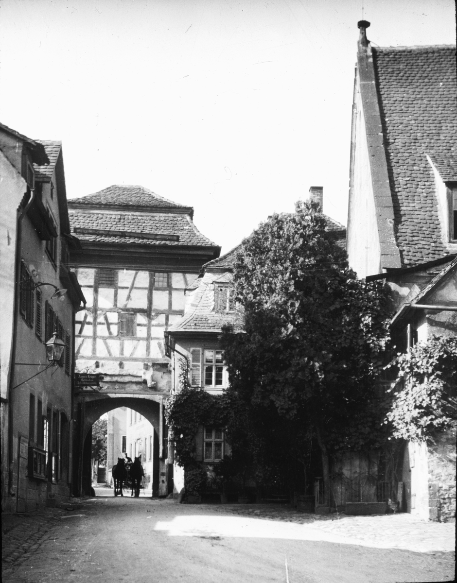 Skioptikonbild med motiv från gården till det cistercianskta munkklostret i Maulbronn.
Bilden har förvarats i kartong märkt: Resan 1908. Maulbronn 8. Text på bild: "Klostergården".