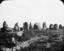 Skioptikonbild med motiv av Menhirer i Carnac.
Bilden har förvarats i kartong märkt: Resan 1908. Carnac 8.