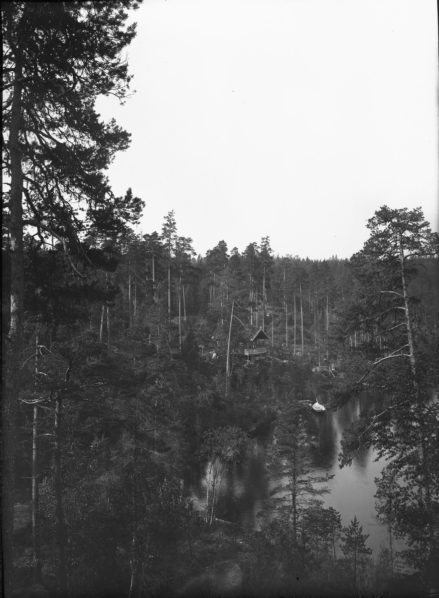 Fönsterbild med motiv av hytta i skogslandskap vid sjö, möjligen i Hedemoratrakten.