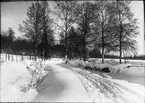 Diapostiv, fönsterbild med motiv från Hedemora, möjligen från Älvdalen. Snötäckt landsväg.