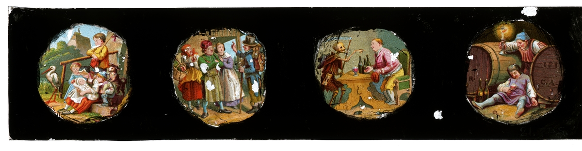Handmålad bild på glas för Skioptikon/Laterna magica.
Bildspel för barn.