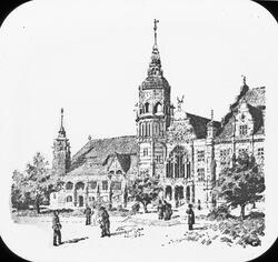 Skioptikonbild med motiv av Nordiska museet vid Stockholmsut