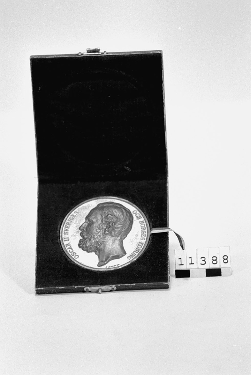 I brons slagen till minne av Sextonde Allm. Sv. Lantbruksmötet 1886. Tjocklek 5 mm. Tillägnad G. de Laval. I etui. Åtsidan: Vänster profil av Oscar II med text runtom: "OSCAR II SVERIGES OCH NORGES KONUNG". Frånsidan: Kvinnofigur och diverse emblem samt text: "SEXTONDE ALLM. SVENSKA LANDTBRUKSMÖTET 1886. G. DE LAVAL ERINRAN". Signerad: A. Lindberg.