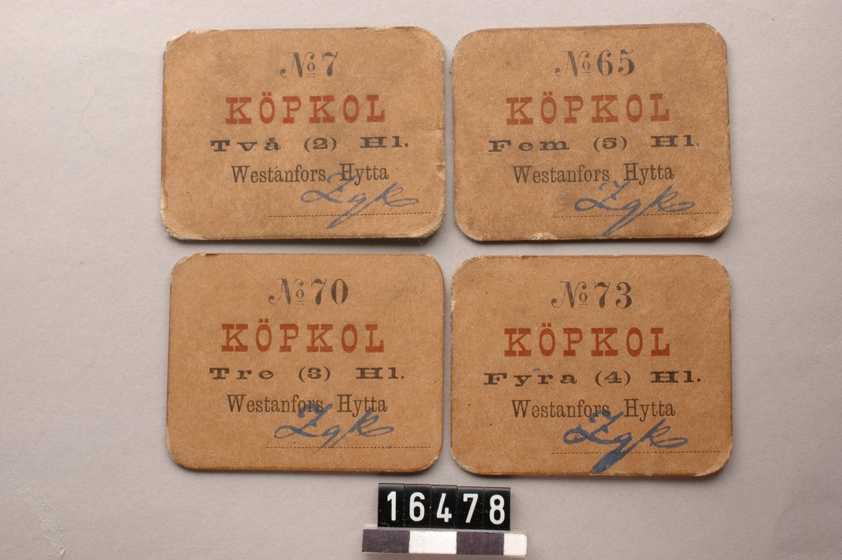 4 st kolplletter av brun papp, för köpkol, stämplade "ZgK". Resp. 2,3,4 och 5 hl.