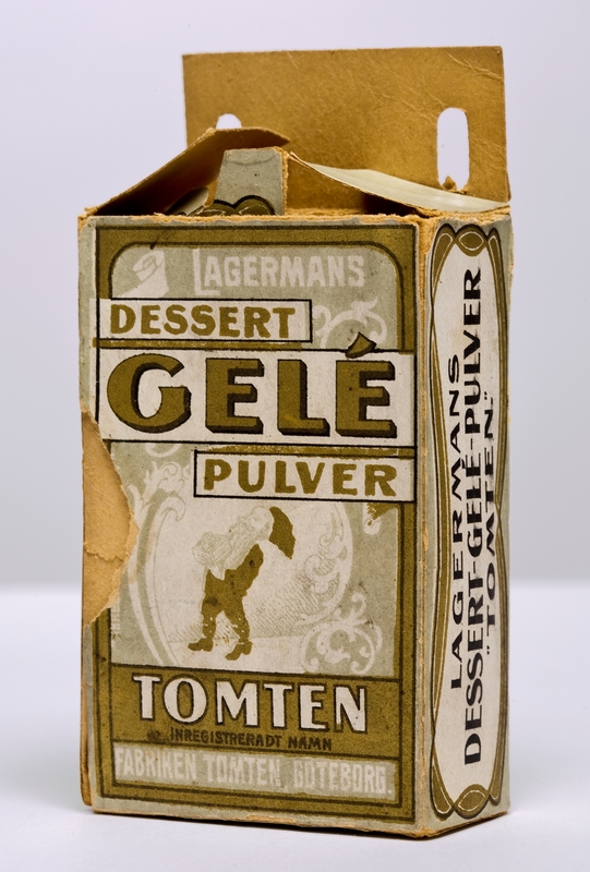 Prov på gelé-pulver i kartong märkt: "Lagermans Dessert-Gelé-Pulver".