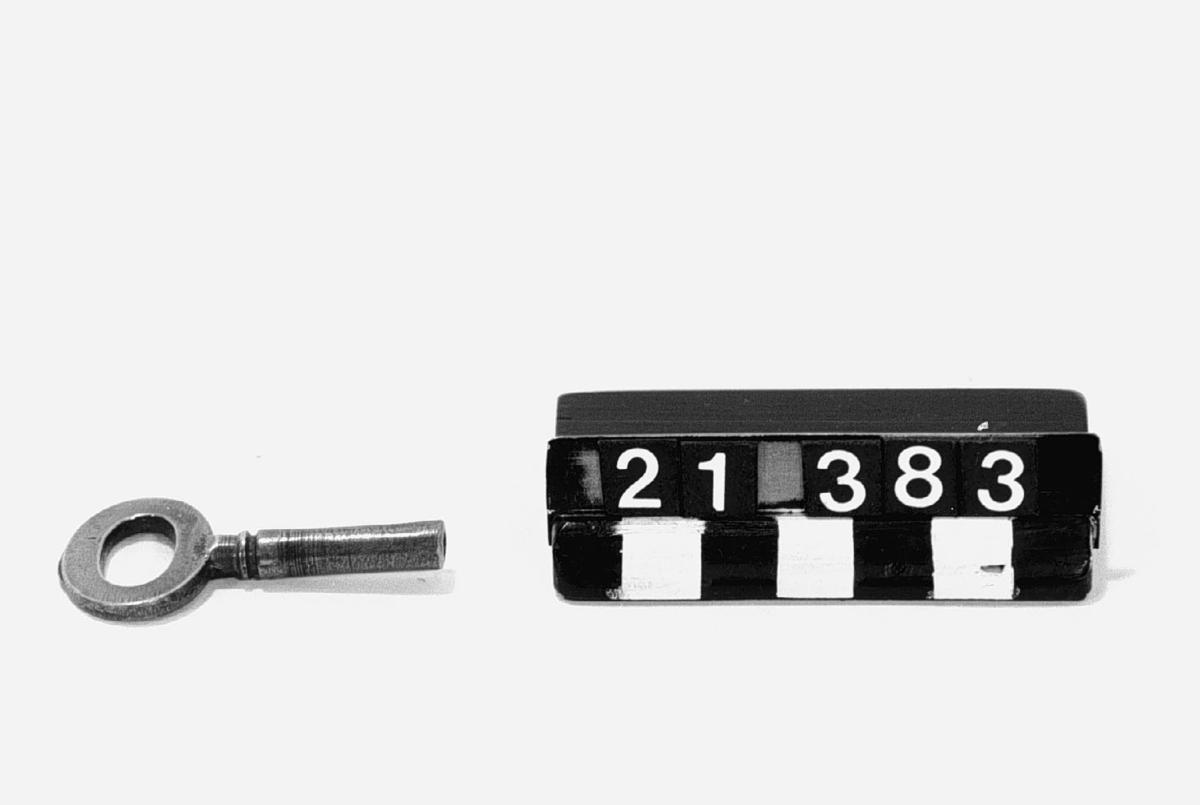 Mekanisk leksak av plåt, går på dolda hjul. Brunlackerad (handmålad) med blå reling och rött däck över ett fjäderverk som påverkar en matrosfigur i blå tygjacka, manövrerar ett par åror.
Tillbehör: Nyckel.
