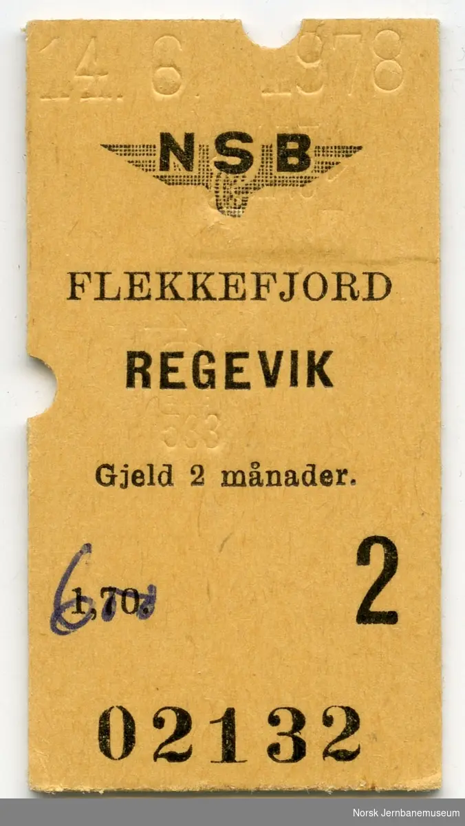 Billett Flekkefjord-Regevik, 2. kl.