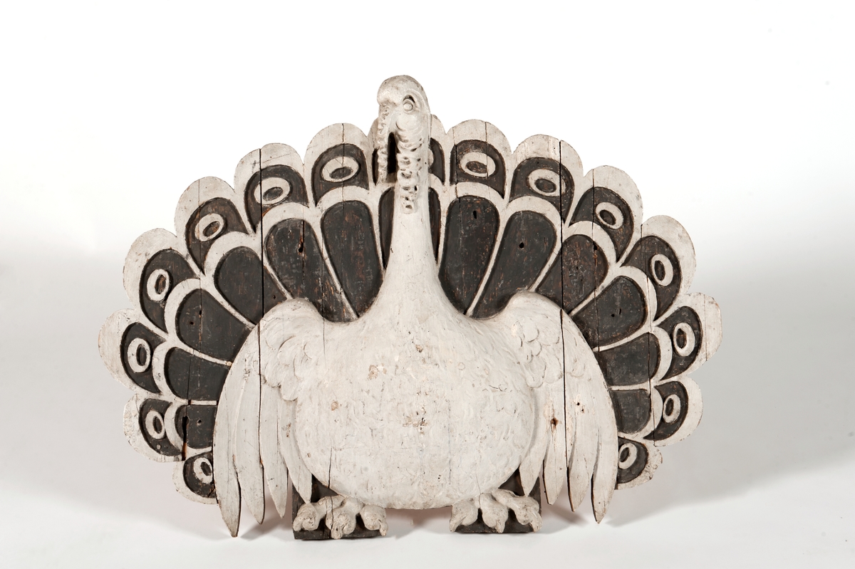 Akterspegelsornament, kalkon med utbredd stjärt fästad på förstärkt bottenplan.  Skulpturen avbildar i detalj en kalkon med subterminala oceller, Melagris ocellata, vars existens före 1820 var okänd. Med påfågel som det tidigare antagits, har skulpturen däremot ingen som helst likhet.