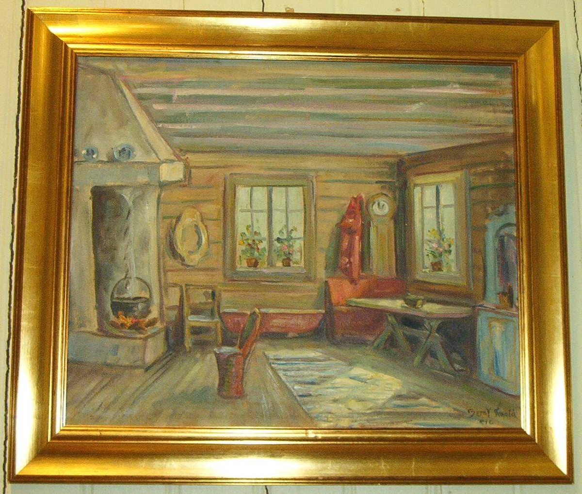 Bondeinteriør. Et rom med grue og stol, to vinduer, enkle bondemøbler.