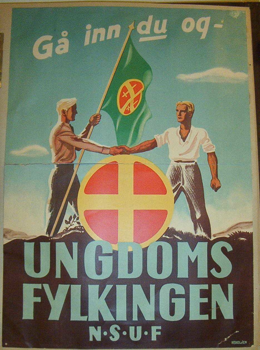 To menn, arisk utseende, håndhillser over solkorset. Den ene holder et flagg med solkorset.