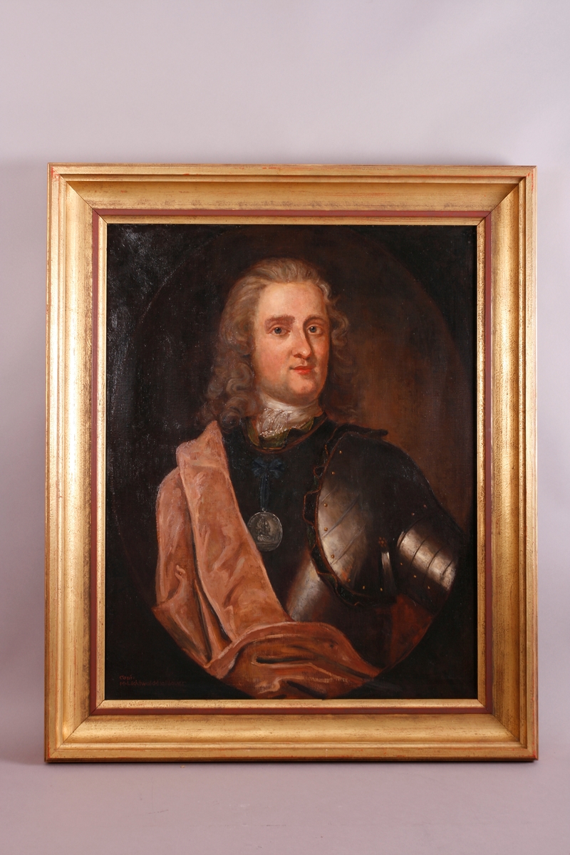 Portrett av Peter Wessel Tordenskiold. Avbildet i mørk rustning med rødlig kappe over høyre skulder. Medalje på brystet.