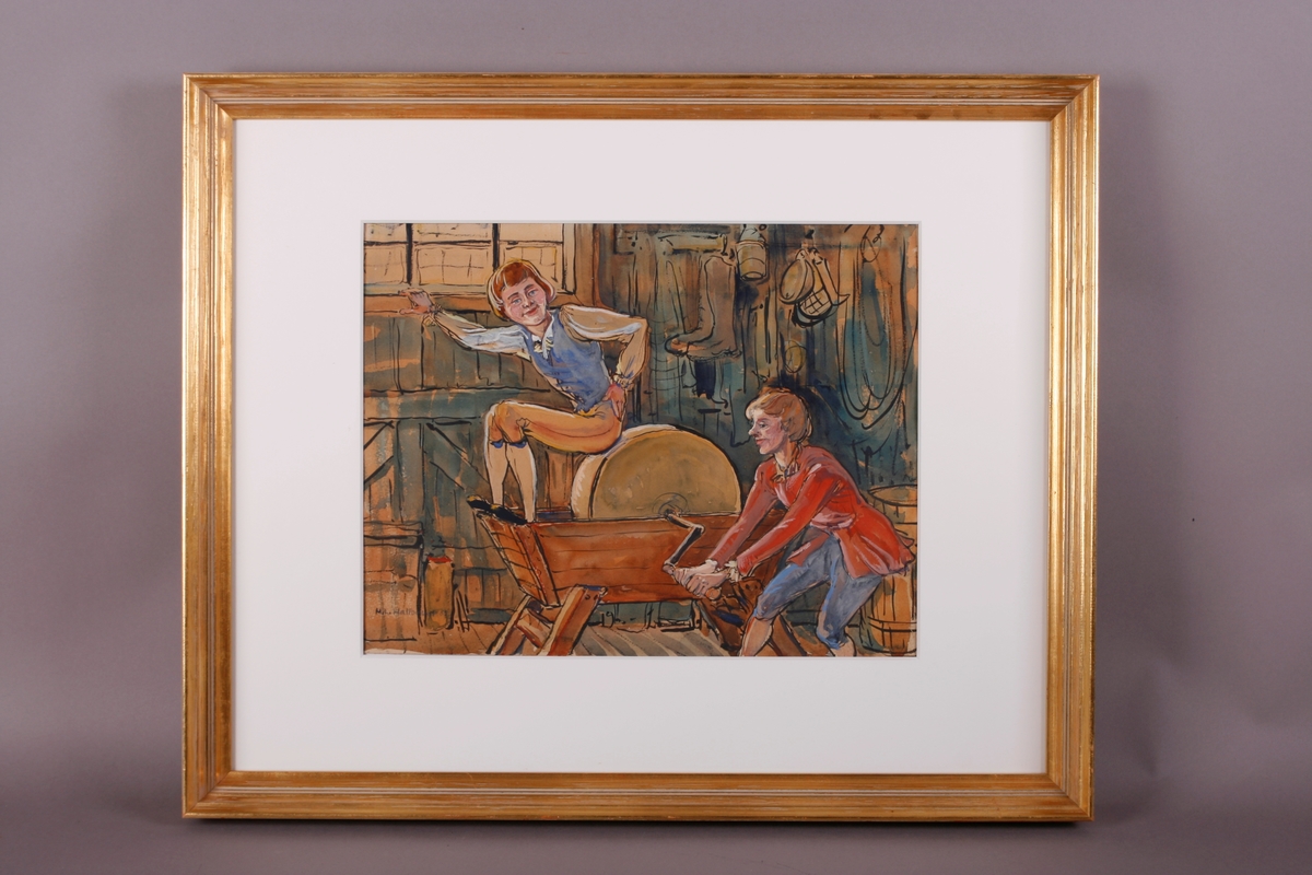 Peter Wessel, senere Tordenskiold, sitter på slipesteinen, hans bror sveiver. I bakgrunnen ses et vinud og en rekke gjenstander henger på veggen, det er trolig en redskapsbod eller et uthus.