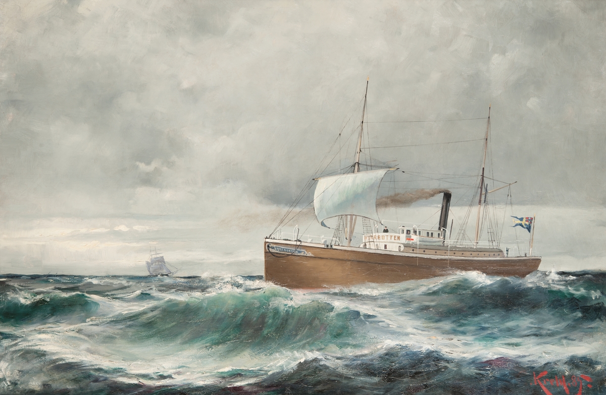 Oljemålning på duk i kilram. Ångfartyget "Norrbotten", skonertriggat, förande råsegelfock.
Brunt skrov, vita överbyggnader. Namnet Norrbotten på bogen och på förkant av kommandobryggan.