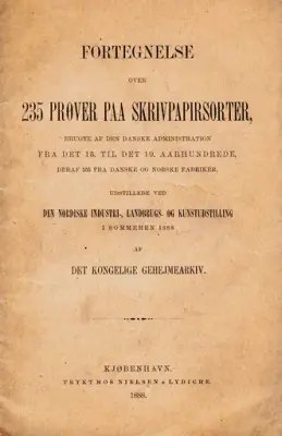 Småtrykk "Fortegnelse over 235 prøver paa skrivpapirsorter" fra 1888