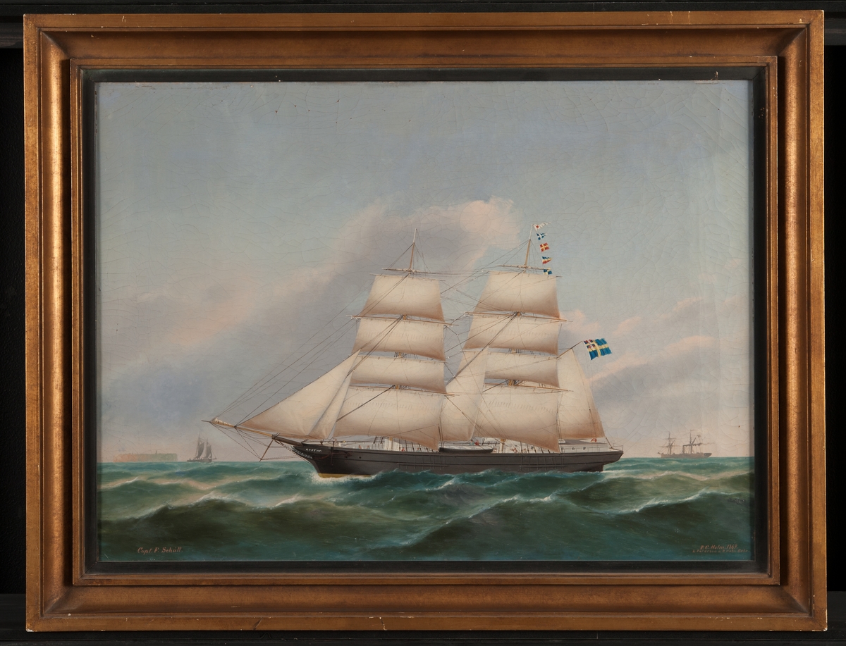 Brigg "Gustaf". Fartyget ligger för styrbords halsar visande läsida.
Jagaren och båda röjlarna beslagna. Under gaffeln svensk flagg med unionsmärke. På bakre master signal: 1st 4769 = Quiloa.