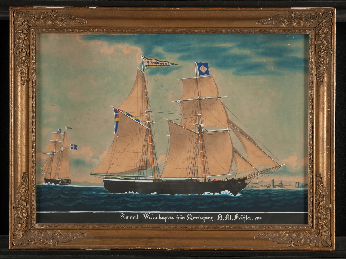 "Skonert Wänskapen från Norrköping. N.M. Röejter 1850". (Jfr S 1504.)
Fartyget under alla segel med vinden på styrbords låring visande lovarts sida.
På gaffeln svensk flagga med unionsmärke. Till vänster samma fartyg liggande för babords halsar.
Enligt Sveriges skeppslista 1850 - 1854 var befälhavaren O. M. Röjter, redaren J. Ringborg