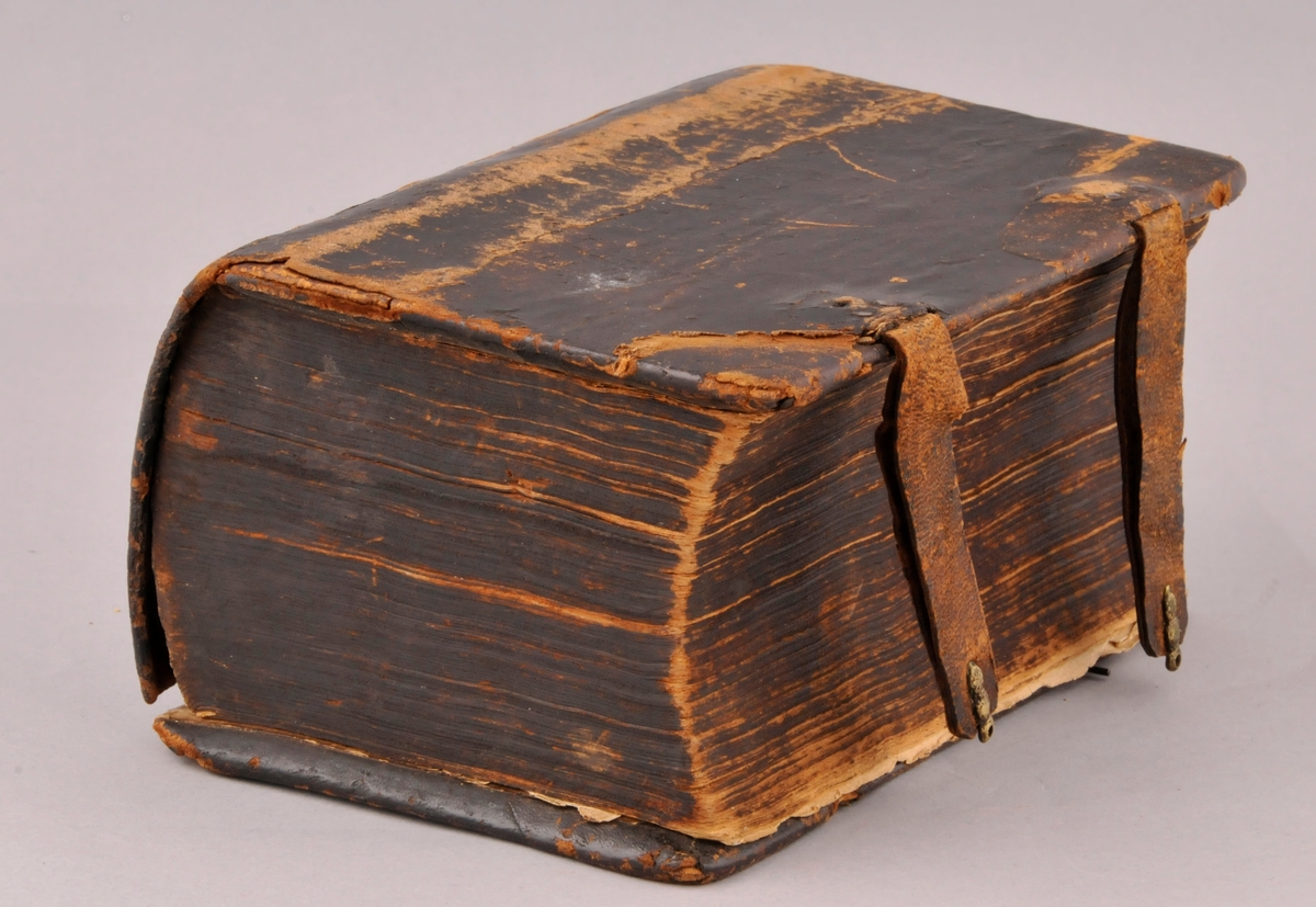 Bibel med skinnomslag. Torgeir Augundsson sin signatur inne på permen.