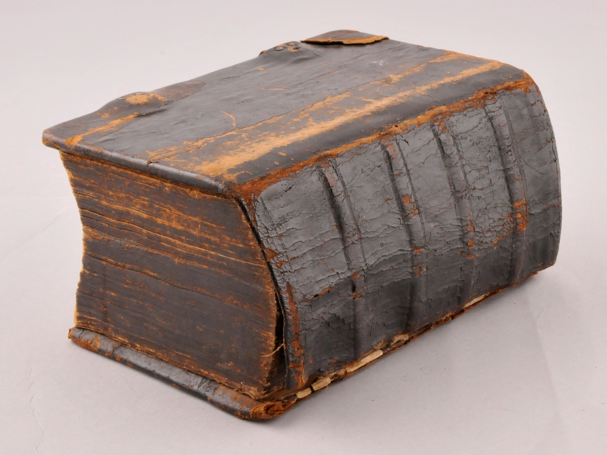 Bibel med skinnomslag. Torgeir Augundsson sin signatur inne på permen.