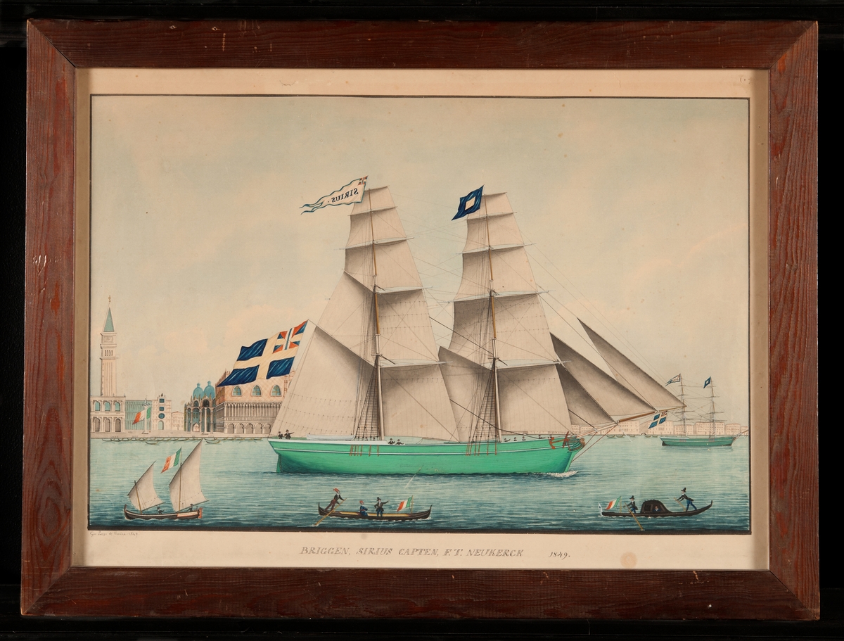 "Briggen SIRIUS, Capten, F.T. Neukerck, 1849". Fartyget ligger för styrbords halsar med alla segel satta. Få förtoppen signalen P. På stortoppen namnvimpel och under gaffeln svensk flagg med unionsmärke. Fartyget seglar i hamnen i Venedig, i bakgrunden staden.
Sign.: "Gio.Luzzo of Venice 1849".