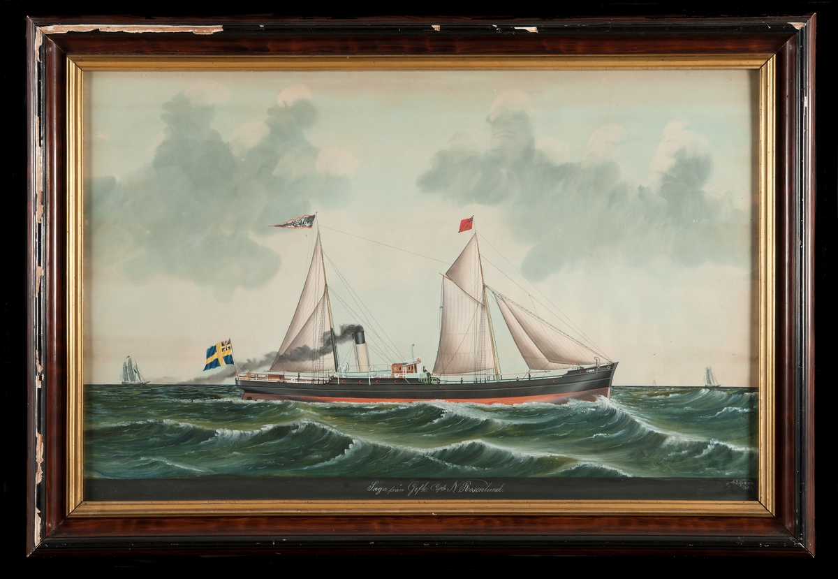 Oljemålning föreställande ångfartyg. I bakgrunden syns tre segelfartyg. Blågrönt hav med ljusblå himmel. Svart fartyg med röd botten. Gul skorsten med svart överdel. I aktern unionsflagga, på mesanmasten grå namnvimpel med röd kant, på focken engelska handelsflaggan.