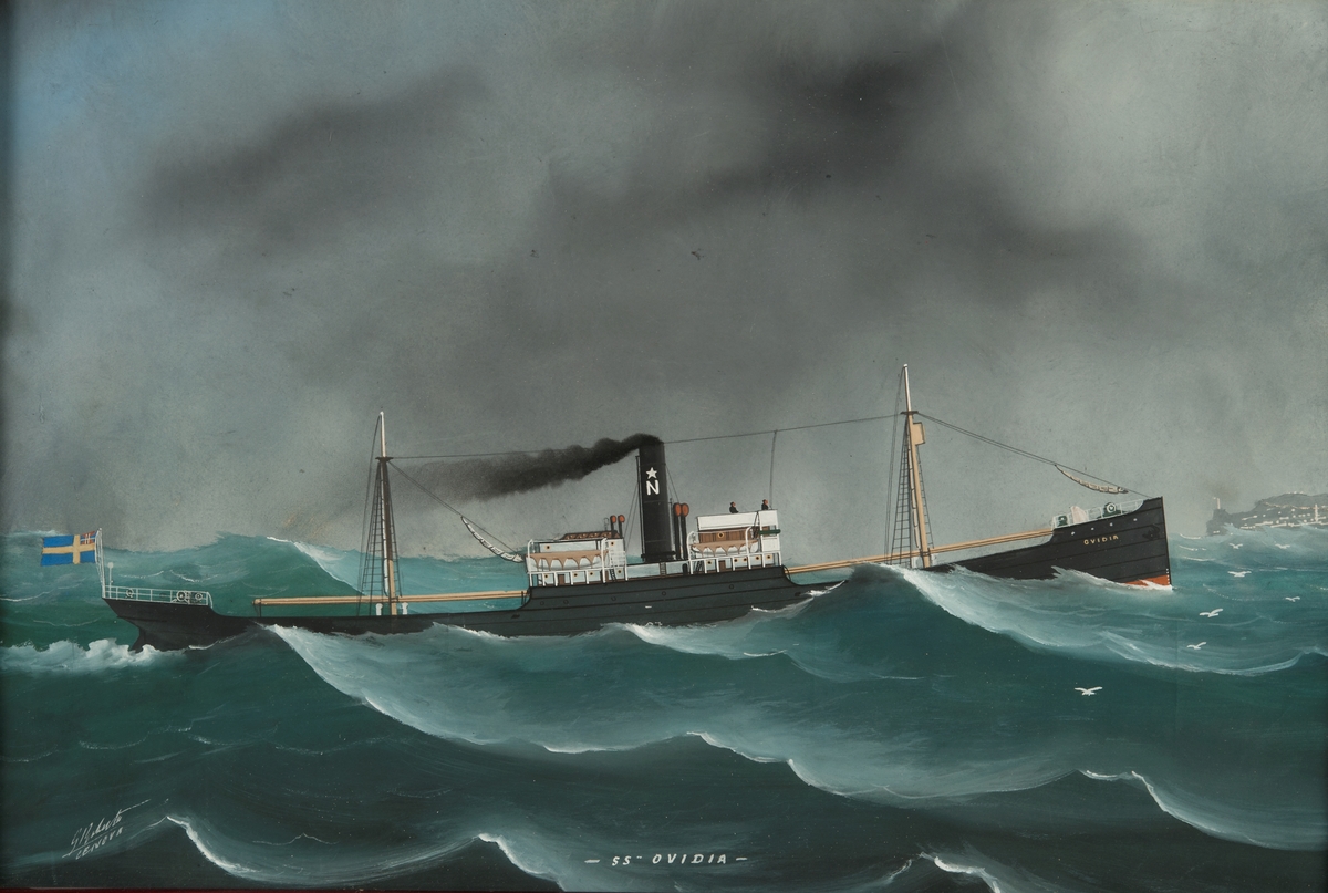 Gouache med lastångfartyget "SS OVIDIA" i hög sjö gående för maskin och med seglen beslagna, besättningen stående på kommandobryggan. Nordstjernans bolagsmärke på skorstenen. I aktern svensk flagga med unionsmärke.  I bakgrunden, framför fören, ses Genuas angöringsfyr och hamnen till höger om denna.
