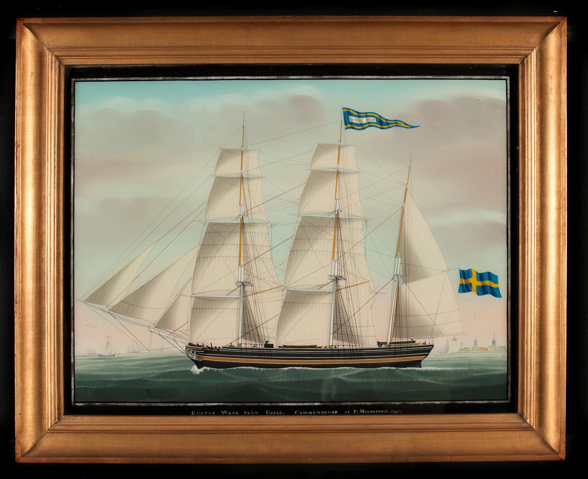 Barkskeppet "Gustaf Wasa" från Gefle. Fartyget ligger för babords halsar visande lovarts sida. Förande alla segel. Namnvimpel i mellersta mastens topp. Svensk flagga utan unionsmärke på aktre mastens gaffel. Stad med kyrktorn och fyr till höger i bakgrunden.
Stävornament: Galjonsbild: Bröstbild