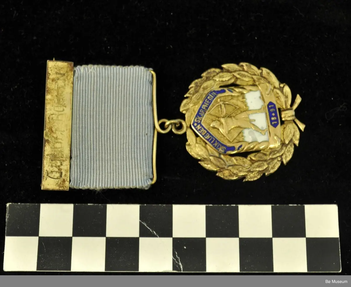 Medalje med lyseblått bånd, navneplate og laurbærkrans rundt et merke med skigåer med pil og spent bue.