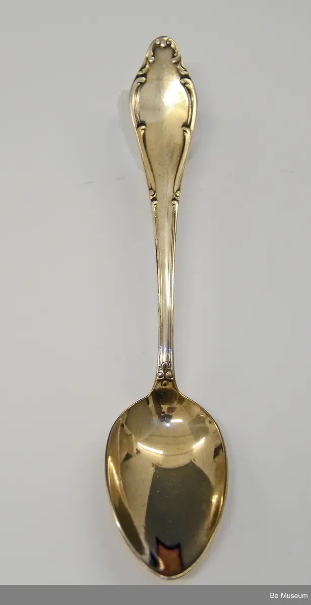 Liten sølvskje, dessertskje - 1 av 6 - i etui. I etuiets lokk er det festet en lapp med 2 sikkerhetsnåler. Tekst: "Hans Kleppen - Springlauf ....... 2 Preis(?)". Kan være fra Klosters i Sveits i 1928 - der kom han på 2. plass.

Stempel: (hus) WELLNER (90) - 21
Mønster: "Mozart"