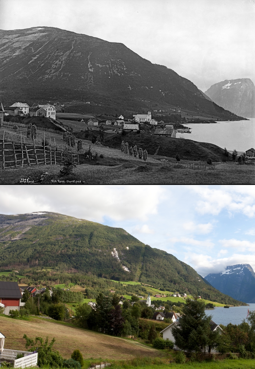 Refotografering. Reed skysstasjon i Gloppen, Sogn og Fjordane. Fotografert 1889 og 2012. Kirken og bebyggelsen nesten skjult p.g.a. gjengroing.