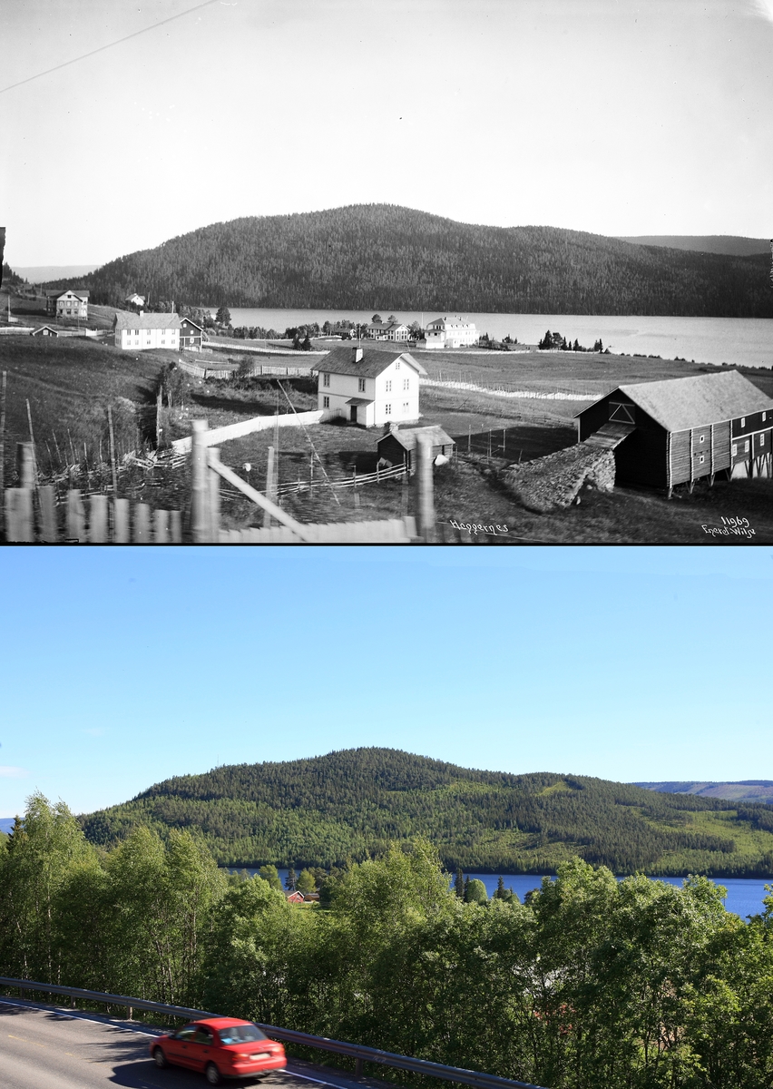 Refotografering. Fra Heggenes, Øystre Slidre, Oppland, med Heggefjorden i bakgrunnen. Nærmest gården Nørre Moen og lenger til venstre Sørre Moen. Ved fjorden det gamle Heggenes hotell som brant ned i 1952. Fotografert 1910 og 2010. Landskapet har grodd igjen, så all bebyggelse og det meste av fjorden er skjult.