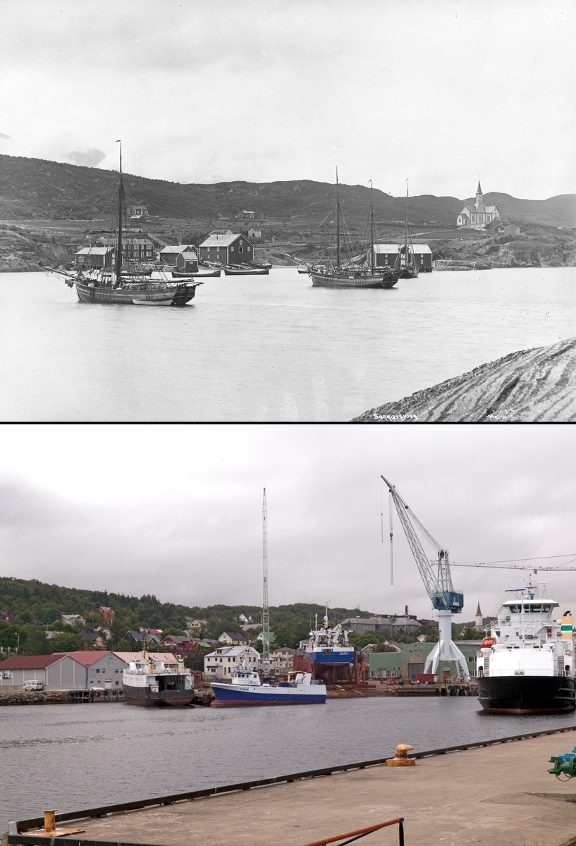 Refotografering. Parti fra Sandnessjøen i Nordland. Sandnessjøen(Stamnes) kirke i bakgrunnen. Fotografert 1885 og 2006. Det er nå bygget havneanlegg, bolighus i åssiden, og seilskip er byttet ut med motorskip.