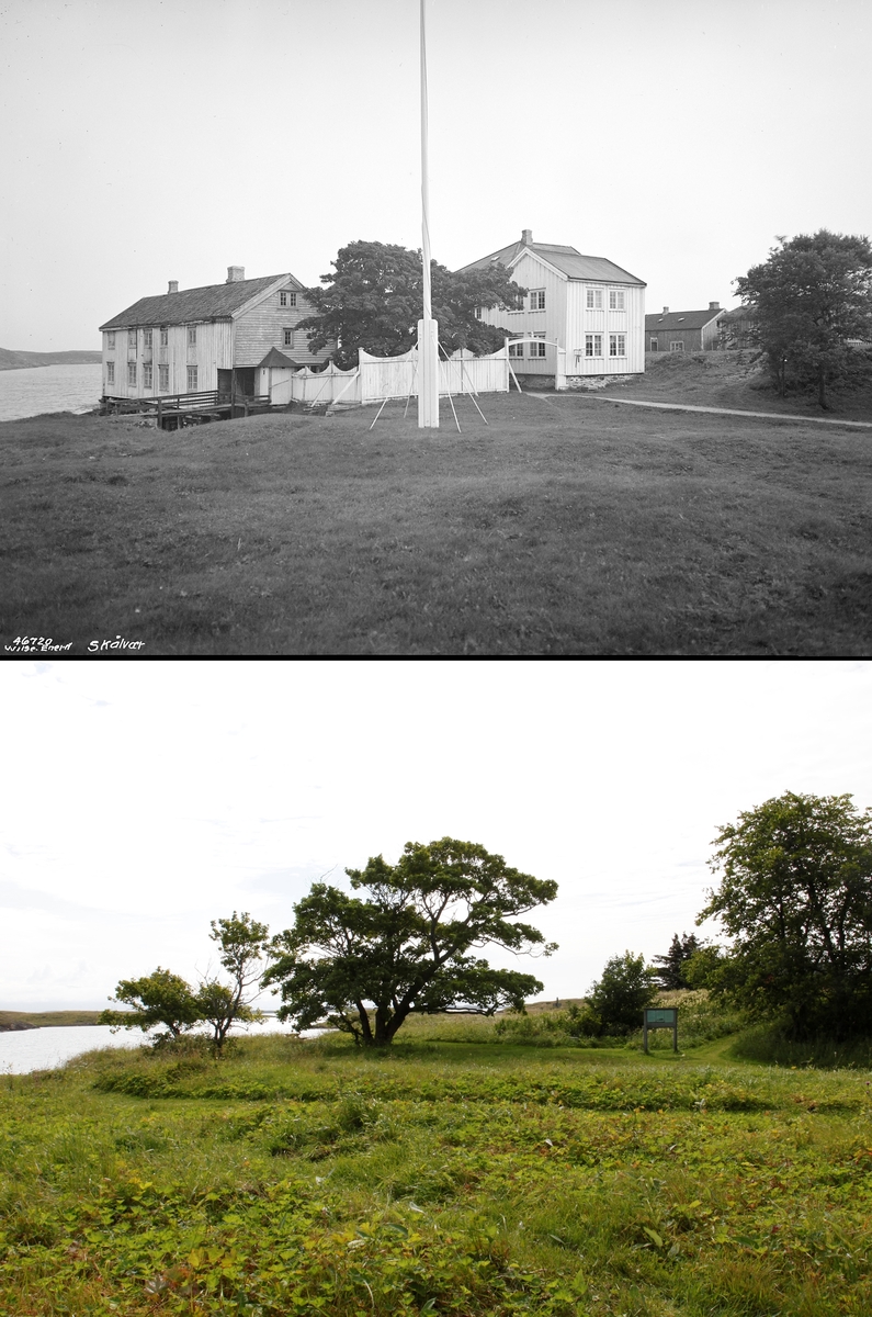 Refotografering. Skålvær i Alstahaug, Nordland. Fotografert 1938 og 2015. Det gamle handelsstedet er borte, og trærne har tatt over.